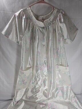 Vintage Intimate Fashions Satin Floral House Dress Snap Front Lounge Gown USA